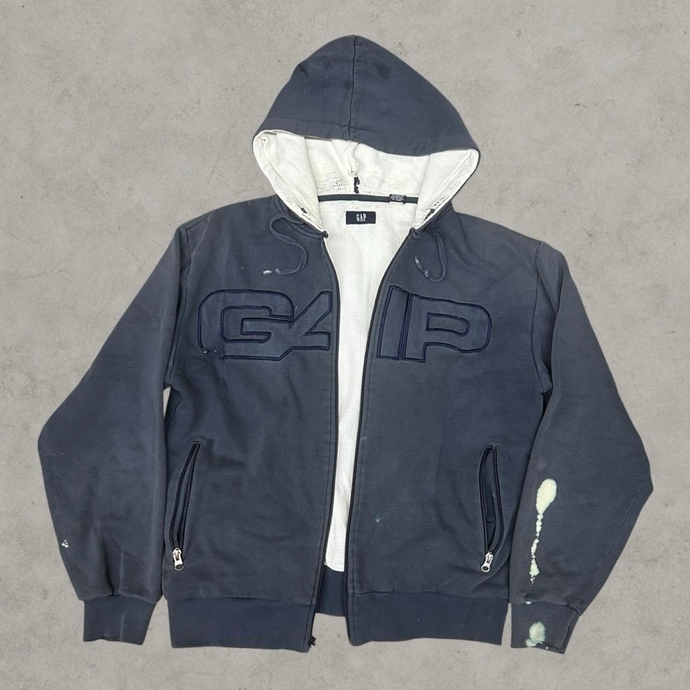 Gap Hoodie Mens Medium Navy Blue Y2K Logo Spellout Faded Distressed Thrashed